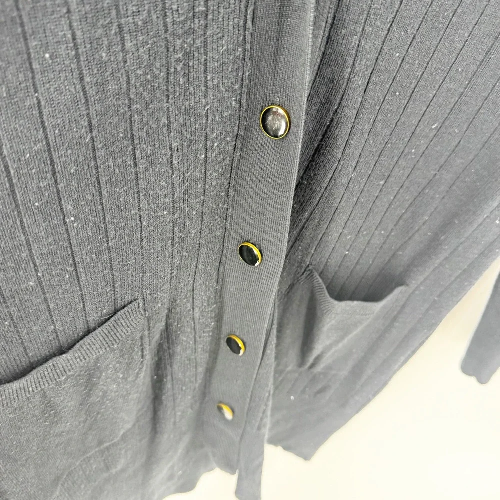 ICHI Womens Ribbed Knit Longline Cardigan Sweater Black Button Front Size Medium